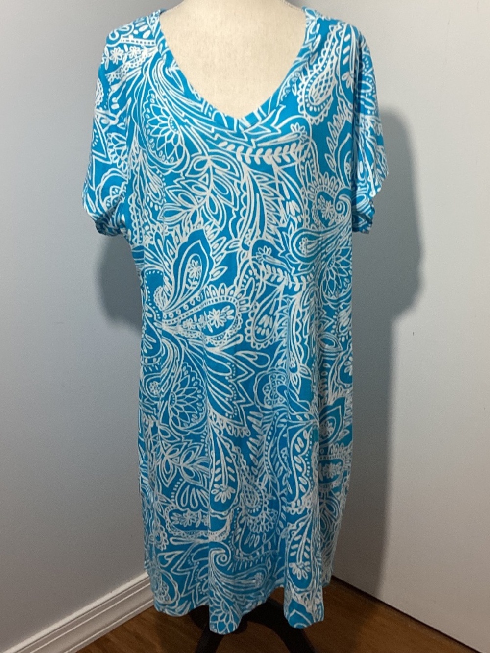 SOFT SURROUNDINGS 2X SUPIMA T-SHIRT MINI DRESS ABSTRACT CYAN PAISLEY